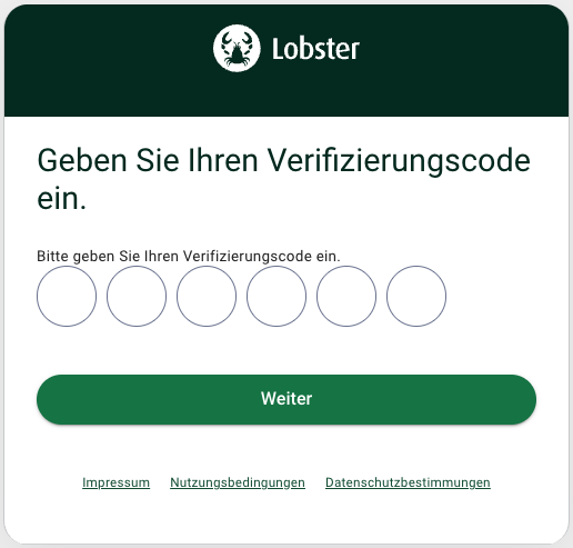 Input field for verification code with a submit button labeled 'Weiter'.